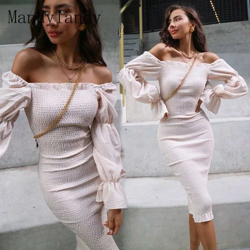 

Mandylandy Women's Sexy Skinny Stretch Bodycon Dress Ladies Elegant Off Shoulder High Waist Slim Fit Ruffle Pencil Dress