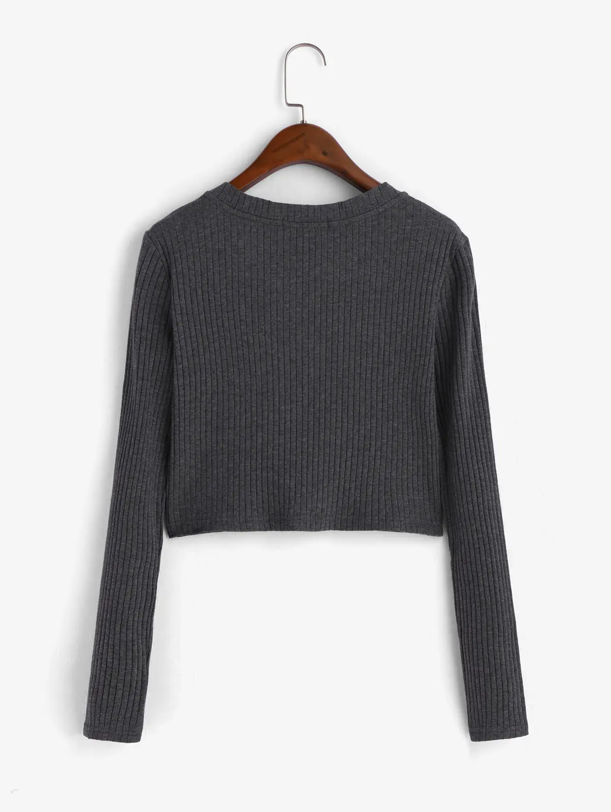 ZAFUL Women Dark Grey Twist Front Ribbed Knit Crop Casual Top Autumn Long Sleeve Form Fitted Basic Teenagers Sweater Tee | Женская