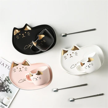 200ML Cute Cat Ceramic Coffee Set With Handle Cups Spoon Creative Animal Coffee Cup Creative Tea Set Coffee Tea Novelty Milk