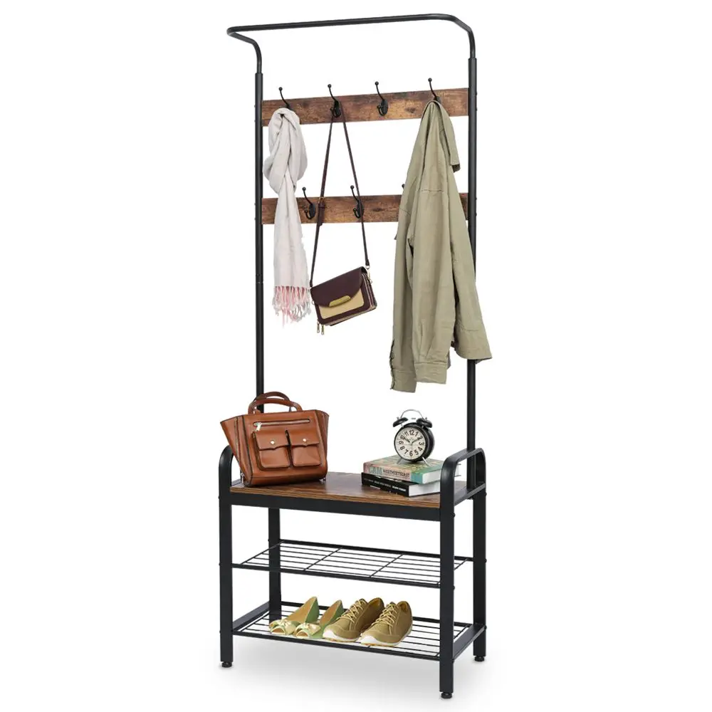 

Multifunction 3-Tier Coat Rack Floor Standing Wardrobe Clothes Hanging Storage Shelf Clothing Drying Rack with Shoe Racks 7 Hook