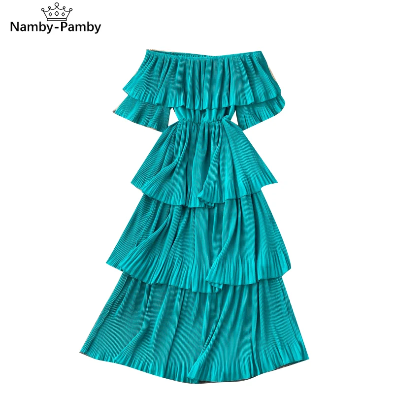 

2021 Spring Seaside Vacation Temperament Vestidos Feminine One-neck Short-sleeved Slim Slimming Cake Midi Dress C537