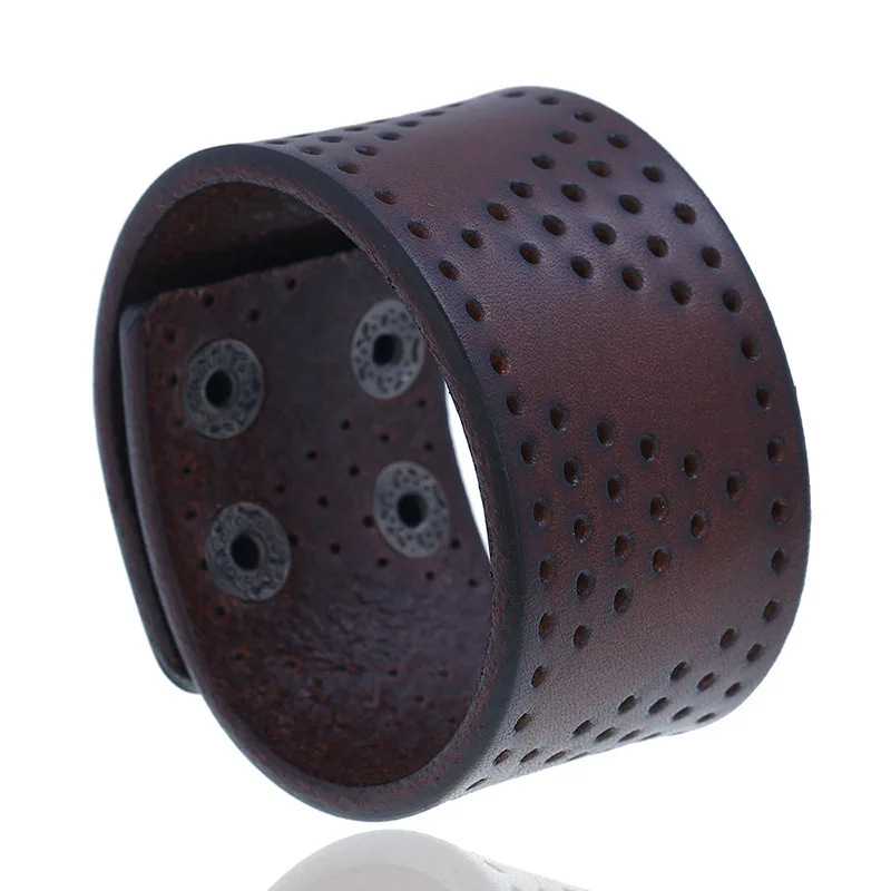 Мужской винтажный браслет из натуральной кожи широкий воловьей с металлическими