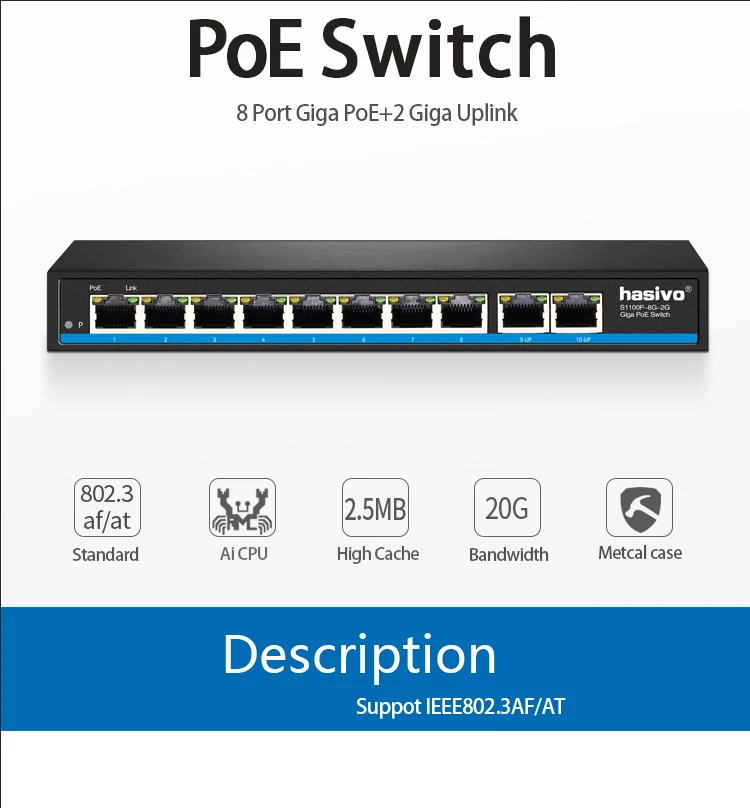 Гигабитный 10 портовый коммутатор Poe поддержка IEEE802.3af/at IP камер и Беспроводной AP 10/100/1000 Мбит/с 48V стандартный сетевой коммутатор