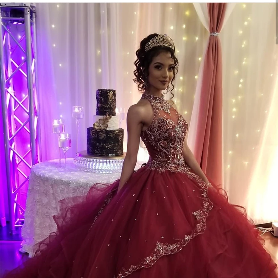2020 vestidos красное вино сладкие пышные платья королевские кружевные аппликации из