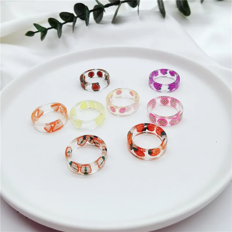 

Sweet Handmade Colorful Strawberry Lemon Apple Ring Fashion Resin Transparent Inside Fruit Creative Finger Ring For Girl Jewelry
