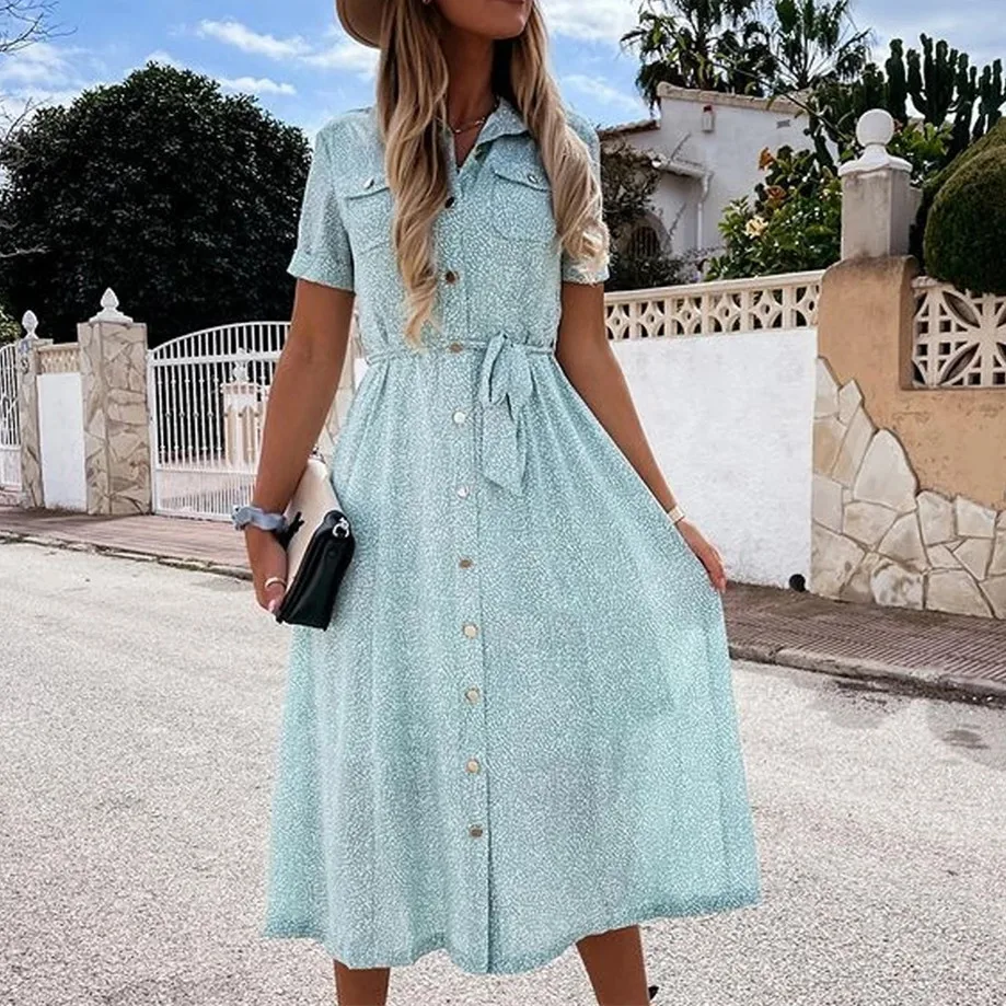 

2021 Woman Casual Boho Beach Dress Fashion Single Breasted Belt Slim Print Dresses For Women Elegant Ladies Short Sleeve Dress