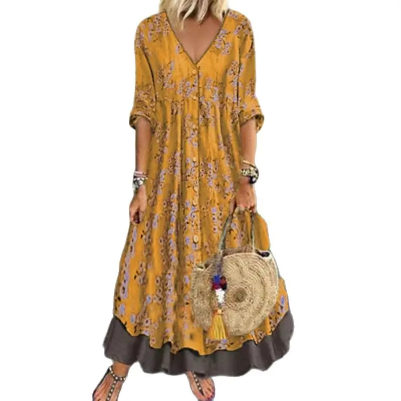

Autumn Loose Floral Print 3/4 Sleeve Maxi Dress Elegant Ruffle Patchwork Hem Long Dress Casual Button V Neck Women Party Dresses
