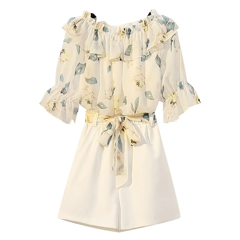 

Plus Size 4XL 2 Pieces Sets Summer Sweet Chiffon Print One Word Collar Tops and White Shorts Two Pieces Outfits Women Clothes