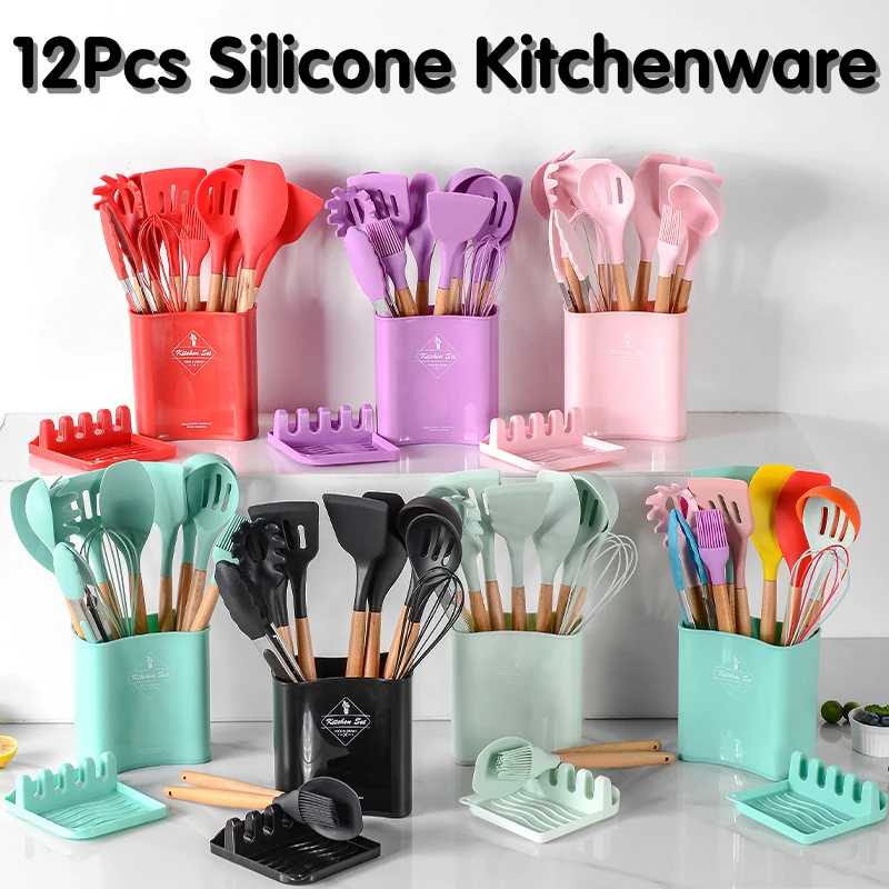 

Silicone Kitchen Utensilios Accessories Tools Cookware Set Cooking Spoon Gadget Spatula Wooden Kitchenware Egg Beaters Shovel S