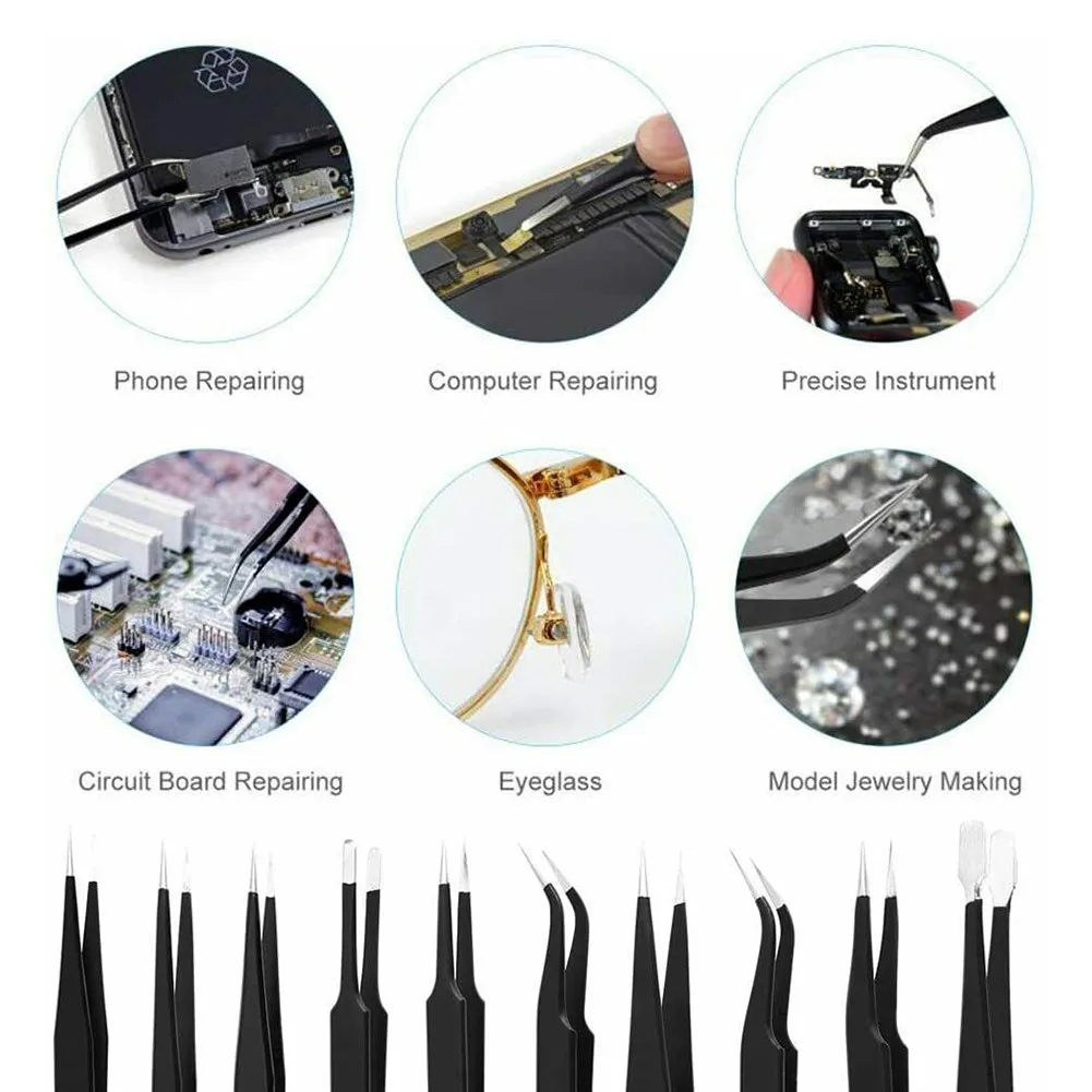 

9PCS Professional Precision Tweezer Set ESD Anti-Static Stainless Steel Tweezers ESD-14 Non-magnetic Ultra-fine Point Straight