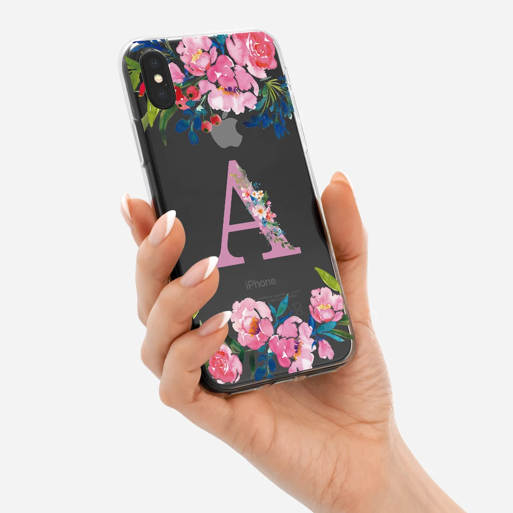 

Custom Floral Pink Initials Alphabet Clear Phone Case Cover For iPhone 14 14ProMax 14Plus 13Promax 13 12 11 Soft Silicone