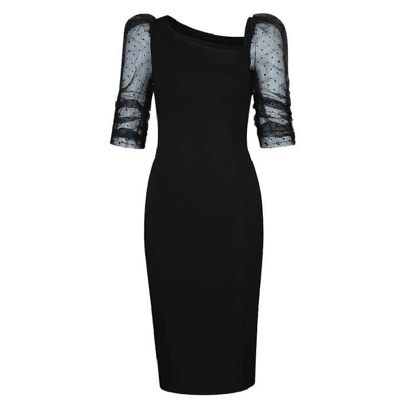

Max Spri 2020 New Sexy Half Puff Lace Sleeve Slash Neck Bodycon Women Party Club OL Style Split Black Vestidos