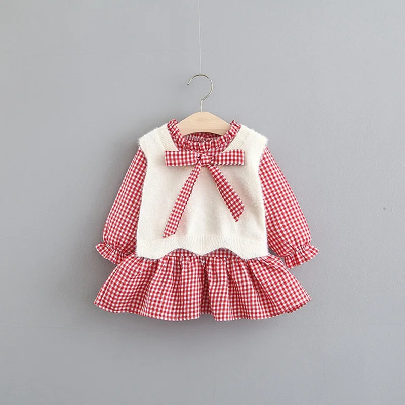 Осенний комплект одежды принцессы из 2 предметов клетчатое платье с бантом +