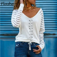 spring long sleeve pullover white v neck urban leisure solid color single breasted t shirt womens solid color stripe t shirt