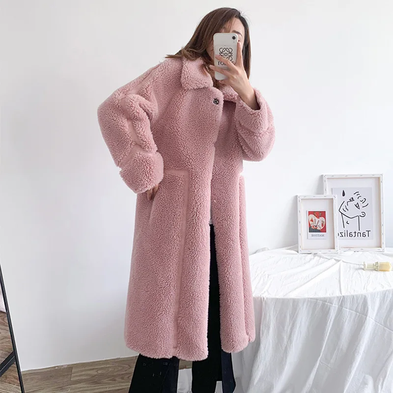 Sheep shearing coat pink women's new cardigan wool composite fur one medium long coat lamb wool fashion versatile fur coat