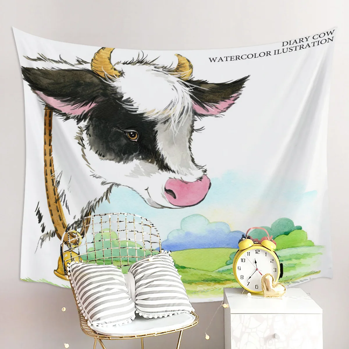 Современный настенный гобелен на стену с рисунком коровы акварелью украшение
