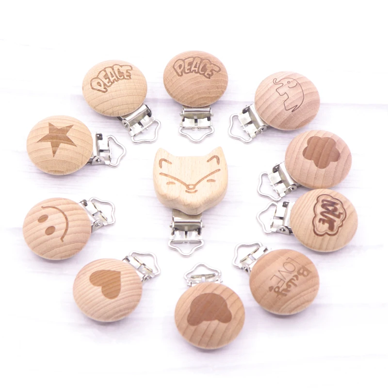 Clips de madera para chupete de beb&eacute;, accesorios para cochecito, juguetes para ni&ntilde;os peque&ntilde;os, collar de dentici&oacute;n, impresi&oacute;n, Clip para chupete infantil, regalo, 5 uds.-0
