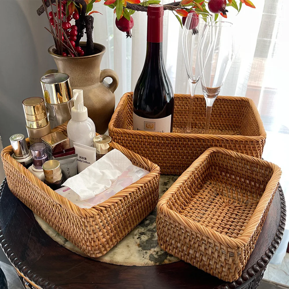 

Hand-Woven Rectangular Rattan Wicker Basket Fruit Tea Snack Bread Picnic Cosmetic Storage Box Kitchen Supplies Household Tools