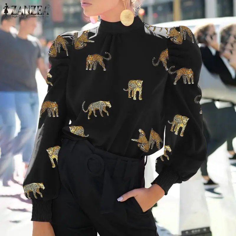 

Повседневные длинные топы ZANZEA, туника, Женская офисная одежда, офисные блузы, женская модная рубашка с длинным рукавом и принтом из мультфил...