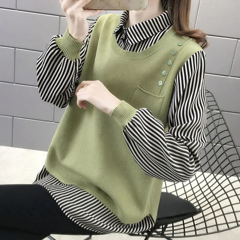 

Fake two-piece shirt collar sweater autumn and winter women's 2020 new fashion loose Joker outer shirt knitted base shirt