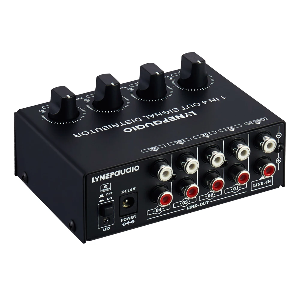 

Active L/R Stereo audio splitter 1 in 4 out Audio Signal Amplifier Allocator with Volume Adjustment 12V power supply