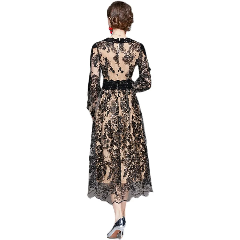 

Simgent Seqin Mesh Embroidery Dress Women Autumn Long Sleeve V-Neck A Line Midi Long Vintage Dresses Femme Robe SG17273