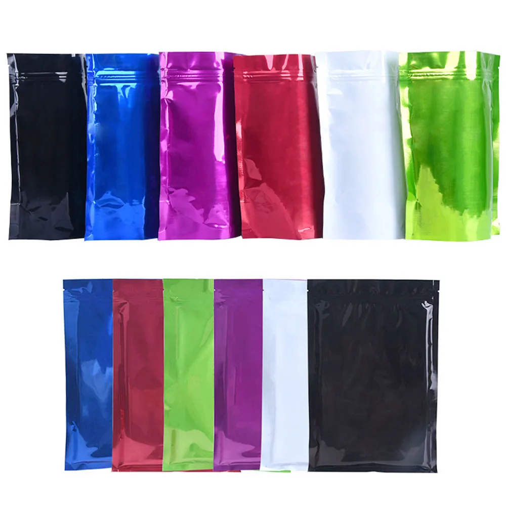

100pcs Thick 6 Colors Various Sizes Glossy Mylar Ziplock Stand Up Bags Plastic Food Storage Flat Pouches Aluminum Foil Gift Bags