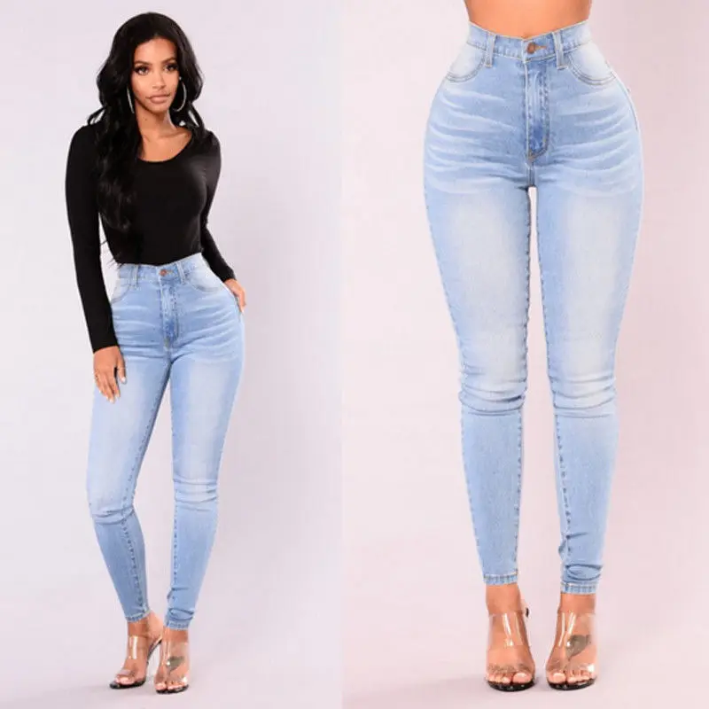 

Women Fashion Slim Fit Jeans Solid Color High Waist Stretch Skinny Denim Pants Casual Pencil Trousers Female Bottom