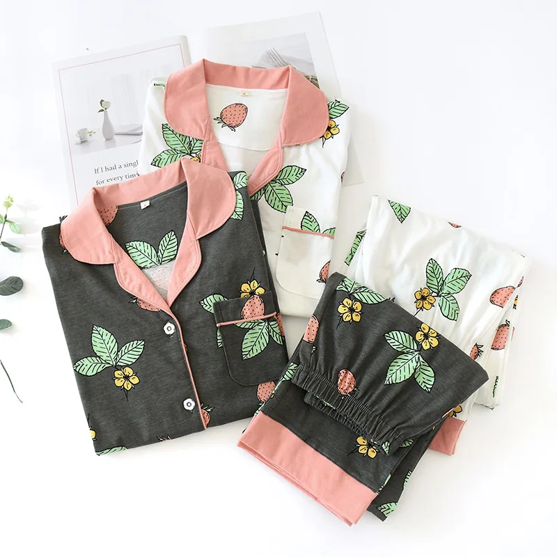 

Fdfklak Ladies Pajamas Set Floral Printed Full Cotton Sleepwear Set Women Turn-Down Collar Female Casual Homewear Pijama