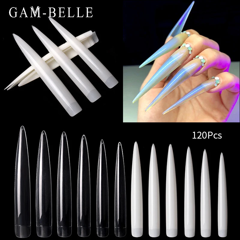 

GAM-BELLE, 120 шт./упаковка, прозрачный, натуральный, удлиненный, накладные ногти-стилеты, маникюрный набор, полный искусственный пресс для ногтей