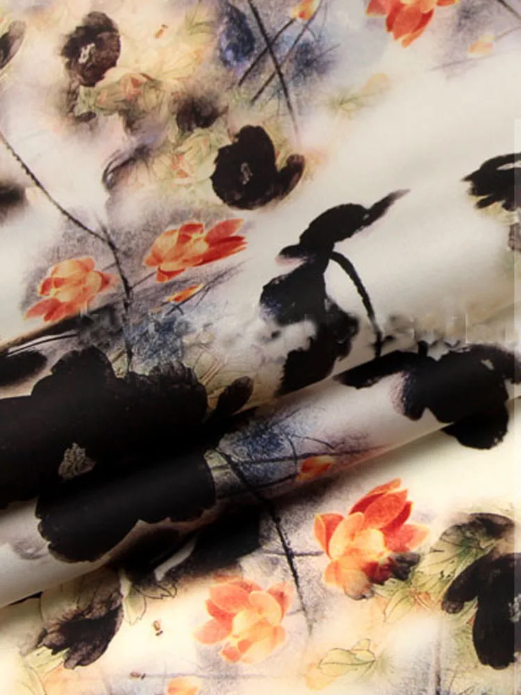 китайский стиль чернила с цветочным принтом шелковая ткань для платья шелковый