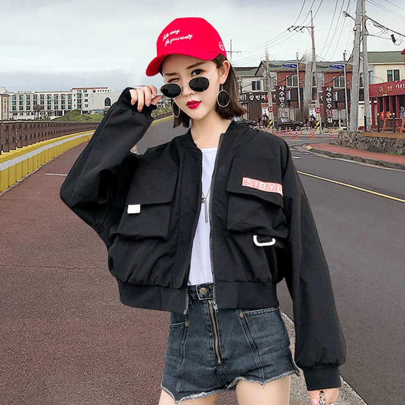 

Fashion Contrast Color Cargo Jacket Women New Zipper Loose Streetwear Coat Casual Long Sleeve Patchwork Jackets Outerwear