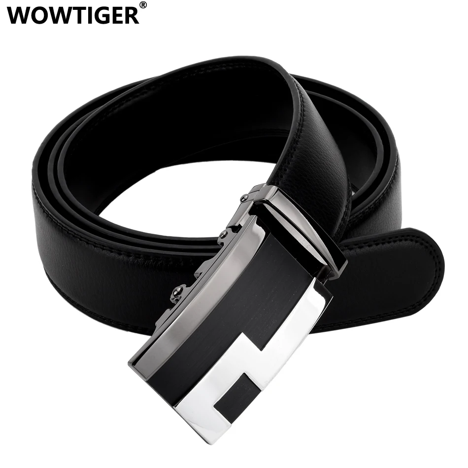 WOWTIGER Men Black Color 3.5cm Width Cow Leather Strap Belt High Quality Automatic Buckle Adjustable Belts for Men Gifts