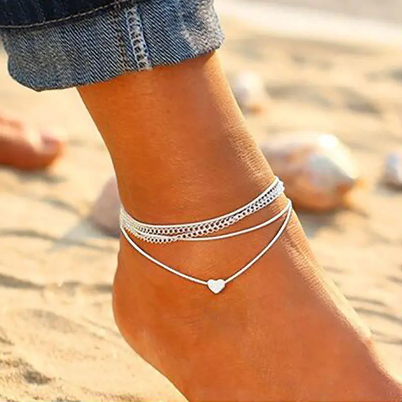 

S054 Bohemian Silver Color Anklet Bracelet On The Leg Fashion Heart Female Anklets Barefoot For Women Leg Chain Beach Foot Jewel