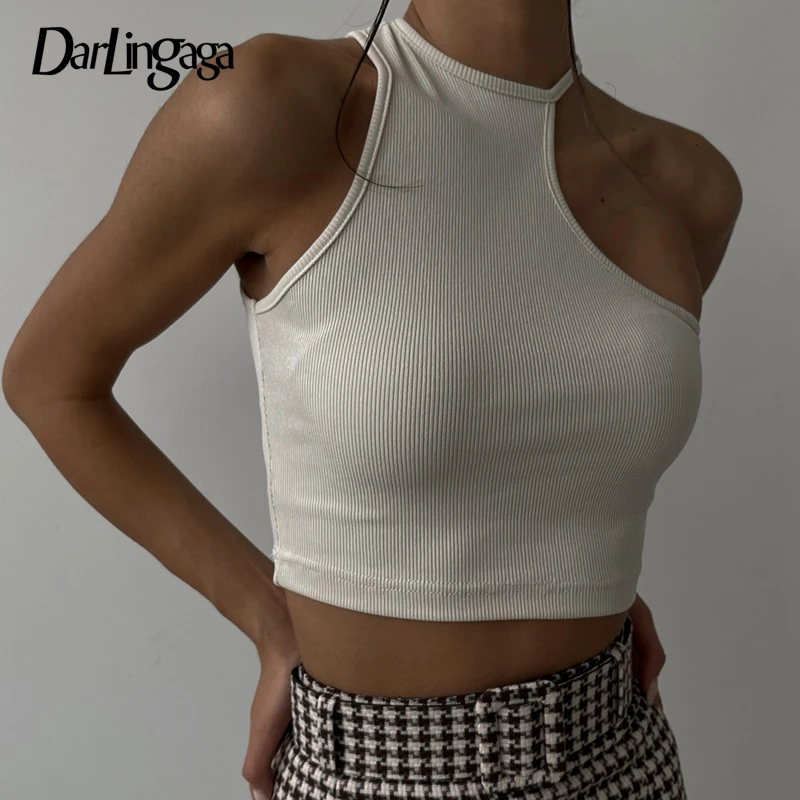 

Darlingaga Streetwear Asymmetrical One Shoulder Bodycon Tank Top Solid Basic Short Vest Fashion Sexy Summer Crop Tops Tees 2022