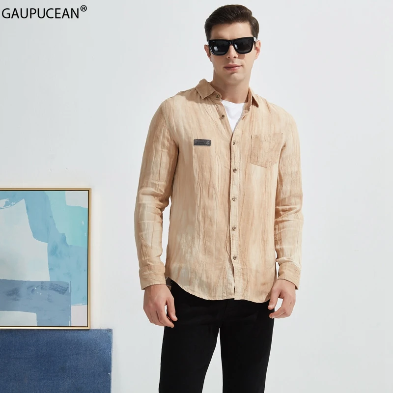 

100% Linen Quality Breathable Anti-static Anti-UV Spring Summer Man Casual Fashion Tie-dye Male Vintage Men Long Sleeve Shirt