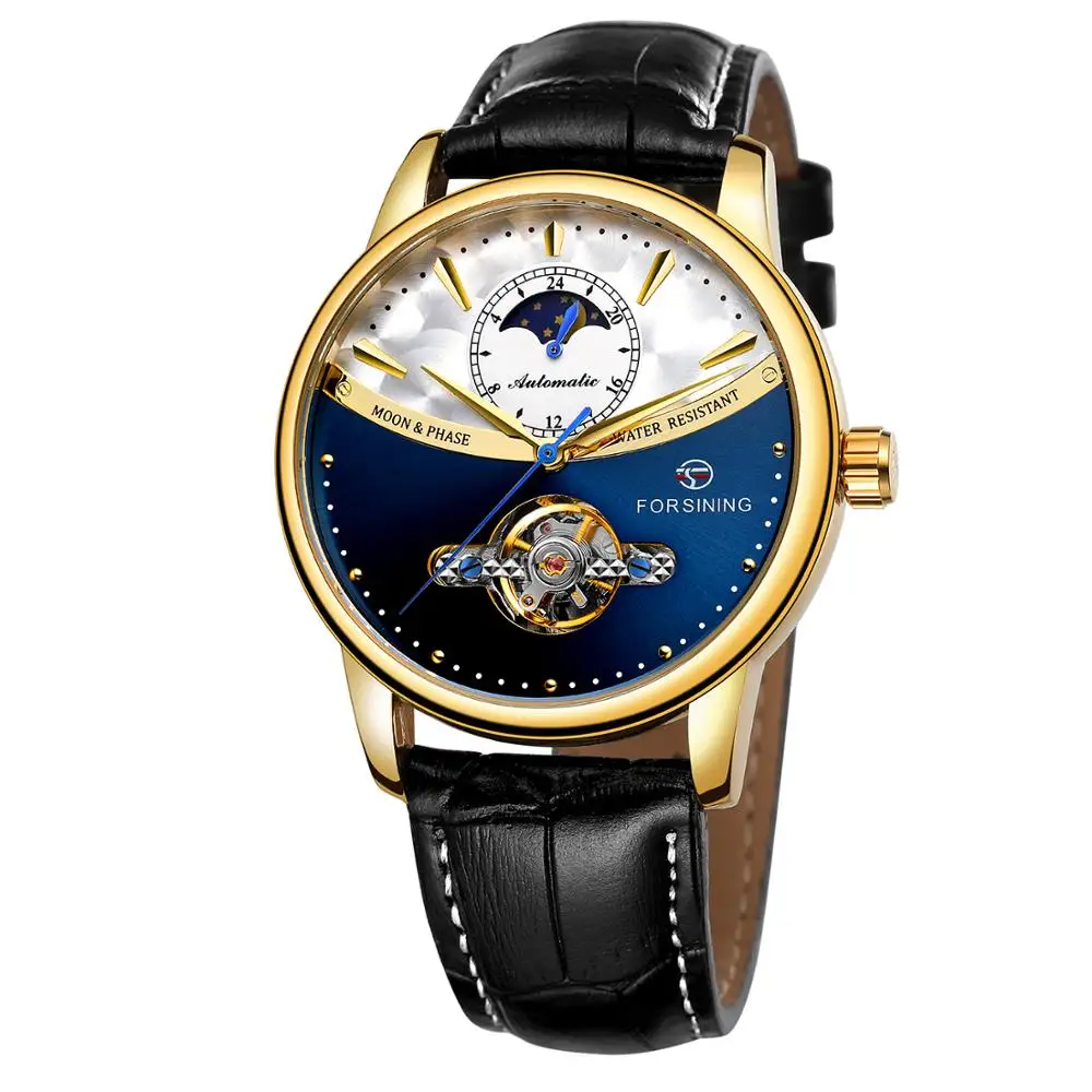 Forsining Tourbillon синие автоматические часы мужские классические Moonphase Дизайн Натуральная кожа Ремешок Водонепроницаемый Бизнес наручные часы подарок - Цвет: GOLD BLUE