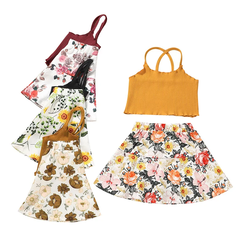 

2021 Girl\u2019s Summer Two Piece Set Fashion Solid Color Knitted Crop Camisole Top and Flower A-line Short Skirt,18M-6Years