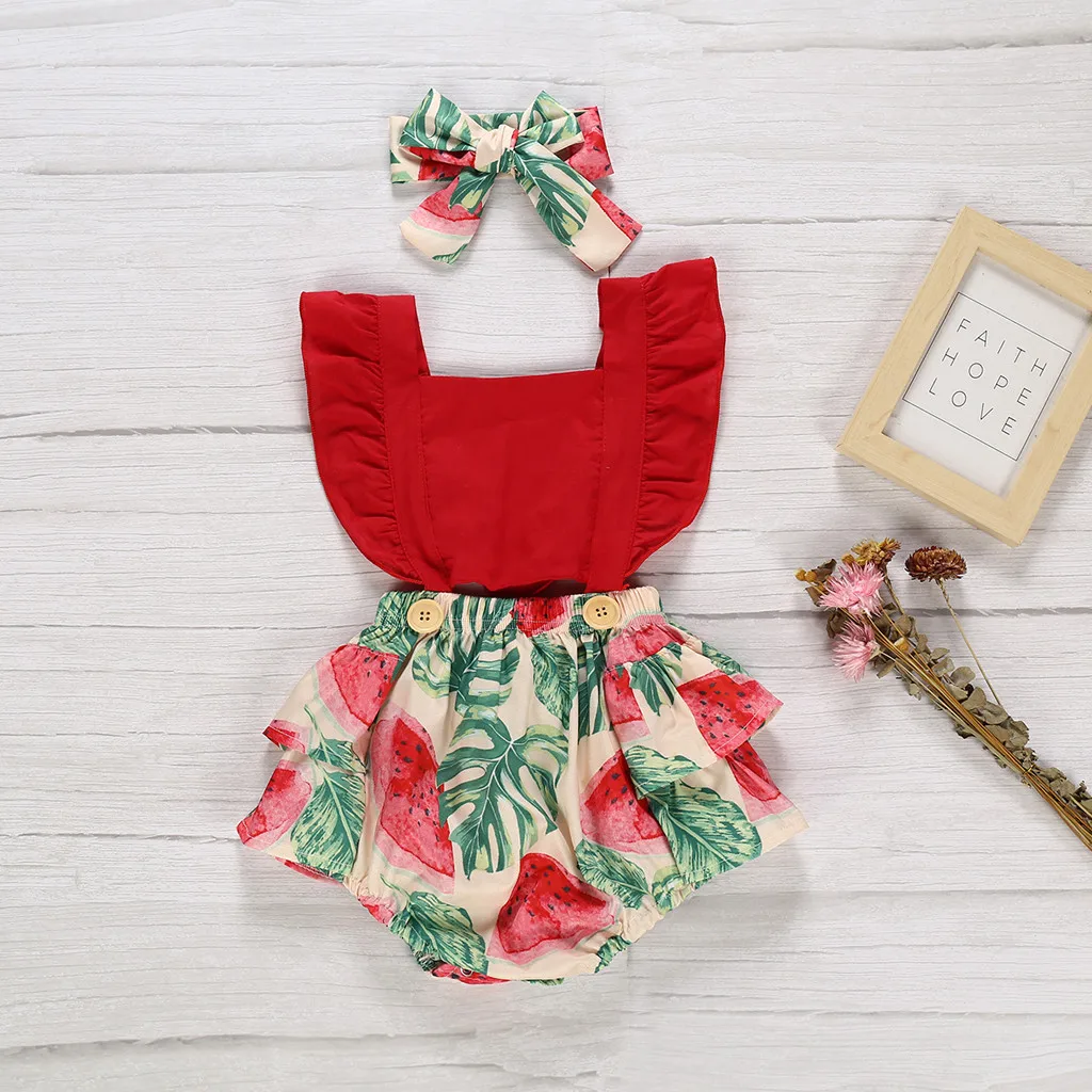 

0-24M Newborn Toddler Kid Baby Girl Summer Clothes Pineapple Print Flying Sleeve Romper+Headband Outfits ropa verano bebes L*