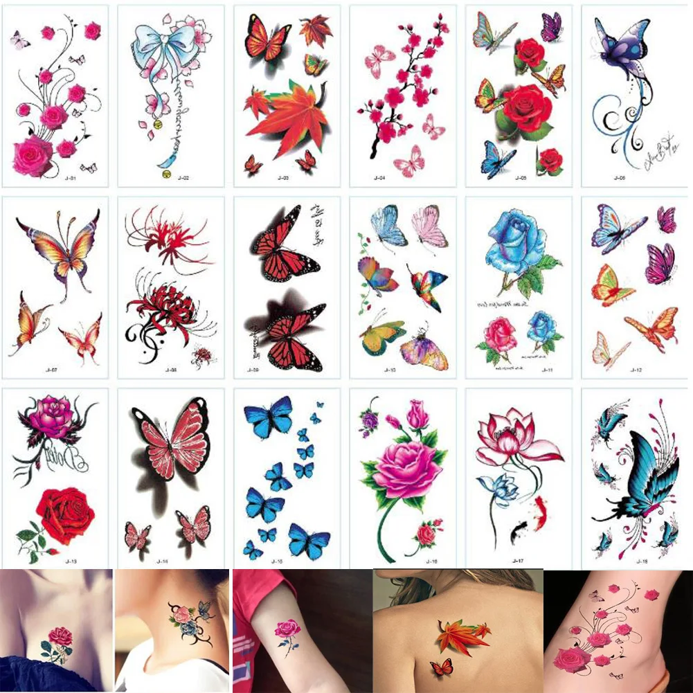 Временные татуировки 3D в виде бабочек 30 листов наклейки для боди арта цветочные