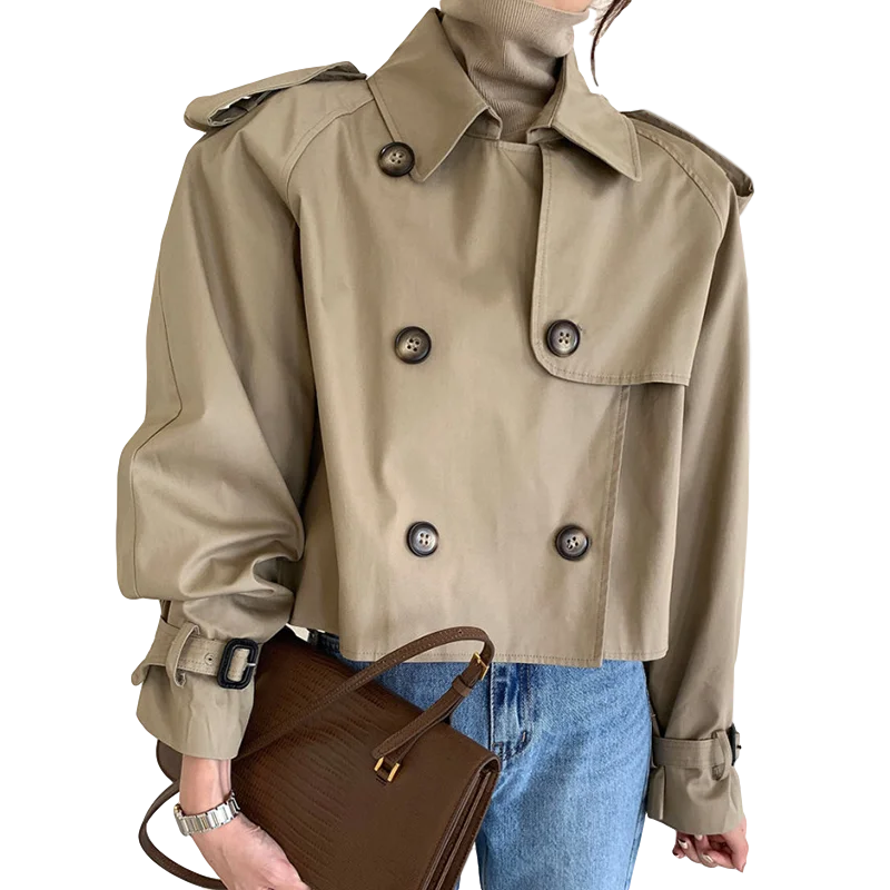 

Korean Chic Autumn Retro Lapel Design Sense Double Breasted Loose Wild Long-sleeved Short Windbreaker Jacket Women GX1351
