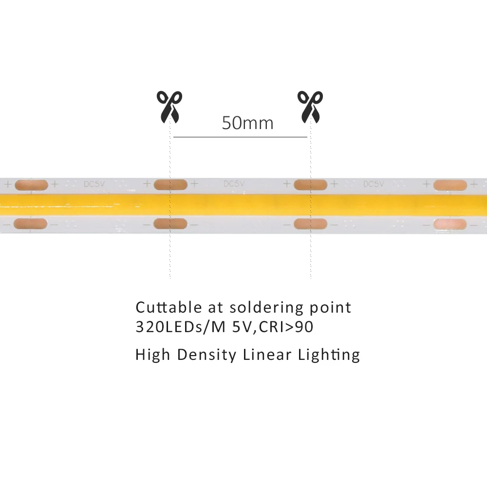 Светодиодная лента COB USB DC 5 в 10 мм PCB 320 светодиодов/м 1 м 2 3 высокая плотность CW WW NW