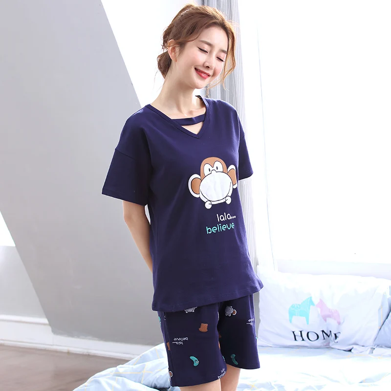 

Short Sleeve Cartoon Female Pajamas Suit Leisure Lovely Household Cotton Set