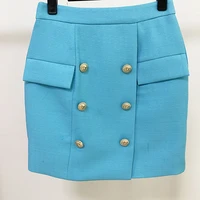high street new fashion 2021 designer skirt womens lion buttons embellished textured matching skirt sky blue