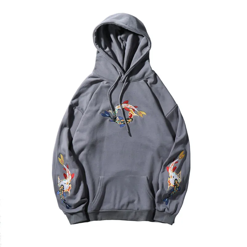 Gray GONTHWID Embroideried Fish koi Карп пуловер толстовки с капюшоном, худи Harajuku уличная мужская хип хоп Повседневная модная Толстовка Топы мужские - Цвет: Gray