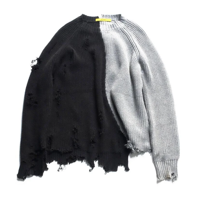 

Autumn winter men ripped hole patchwork oversized knitted sweater irregular design hip hop punk knitwear women vintage pullover