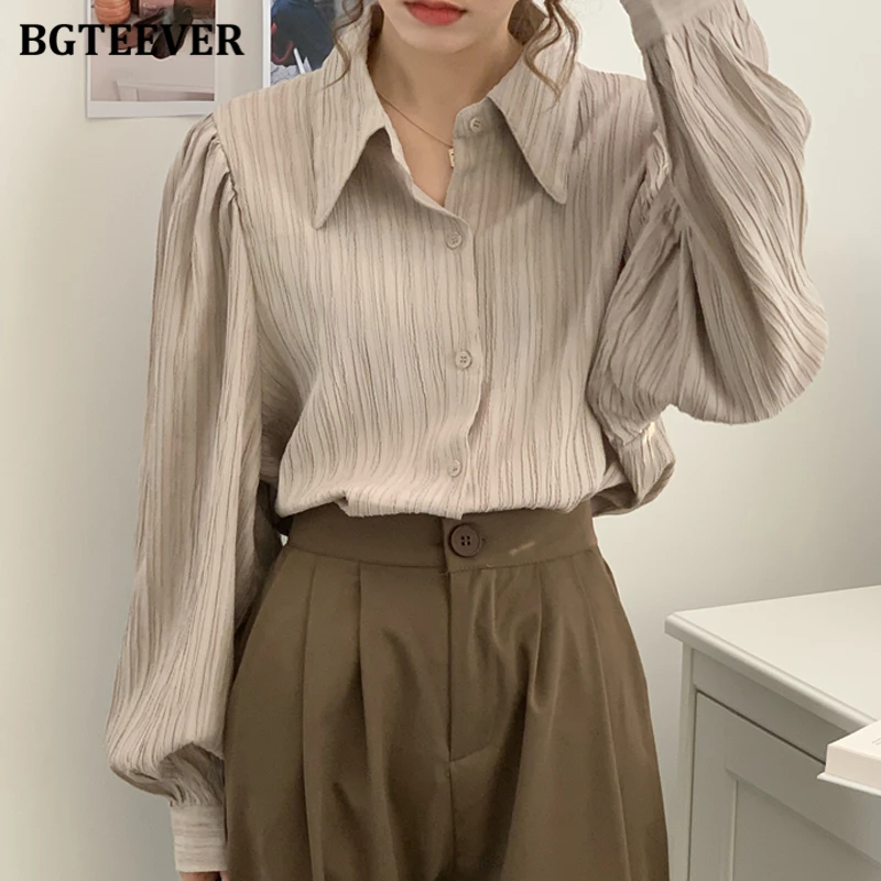 

BGTEEVER Casual Loose Women Solid Shirts Blouses Ladies Turn-down Collar Single-breasted Ruched Workwear Blusas Female 2021