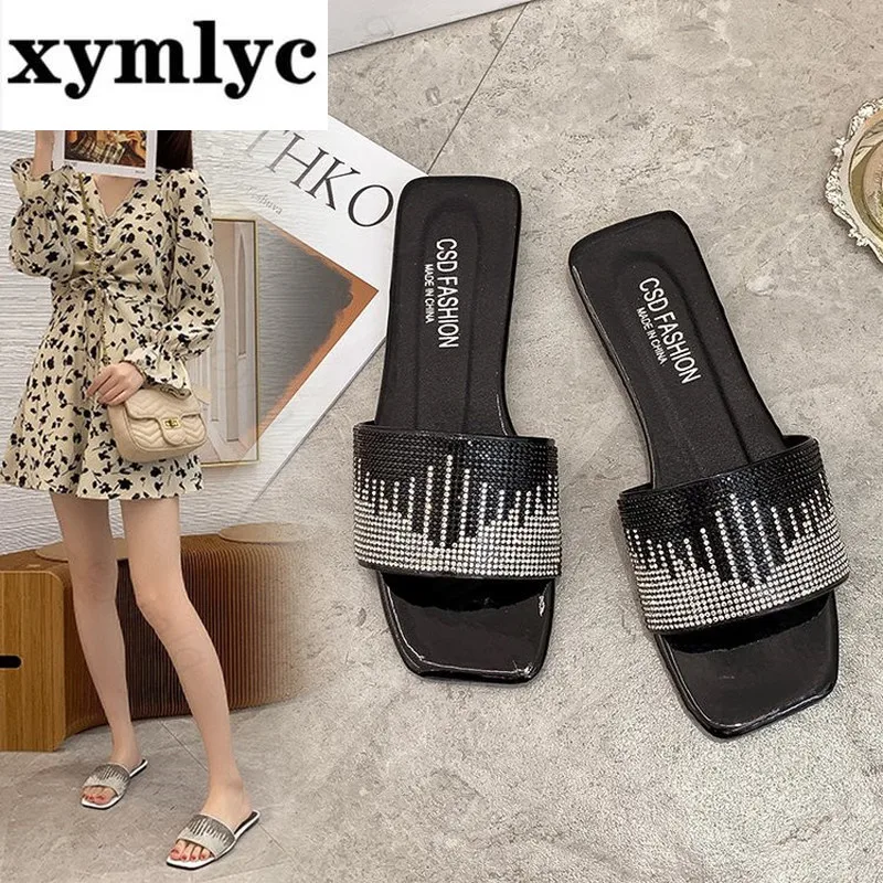 

2021 Slippers Women Flip Flops Outdoor Flat Shoe Big Size 42 Woman Bling Crystal Women's Slides Beach Female Ladies Shoes Woman