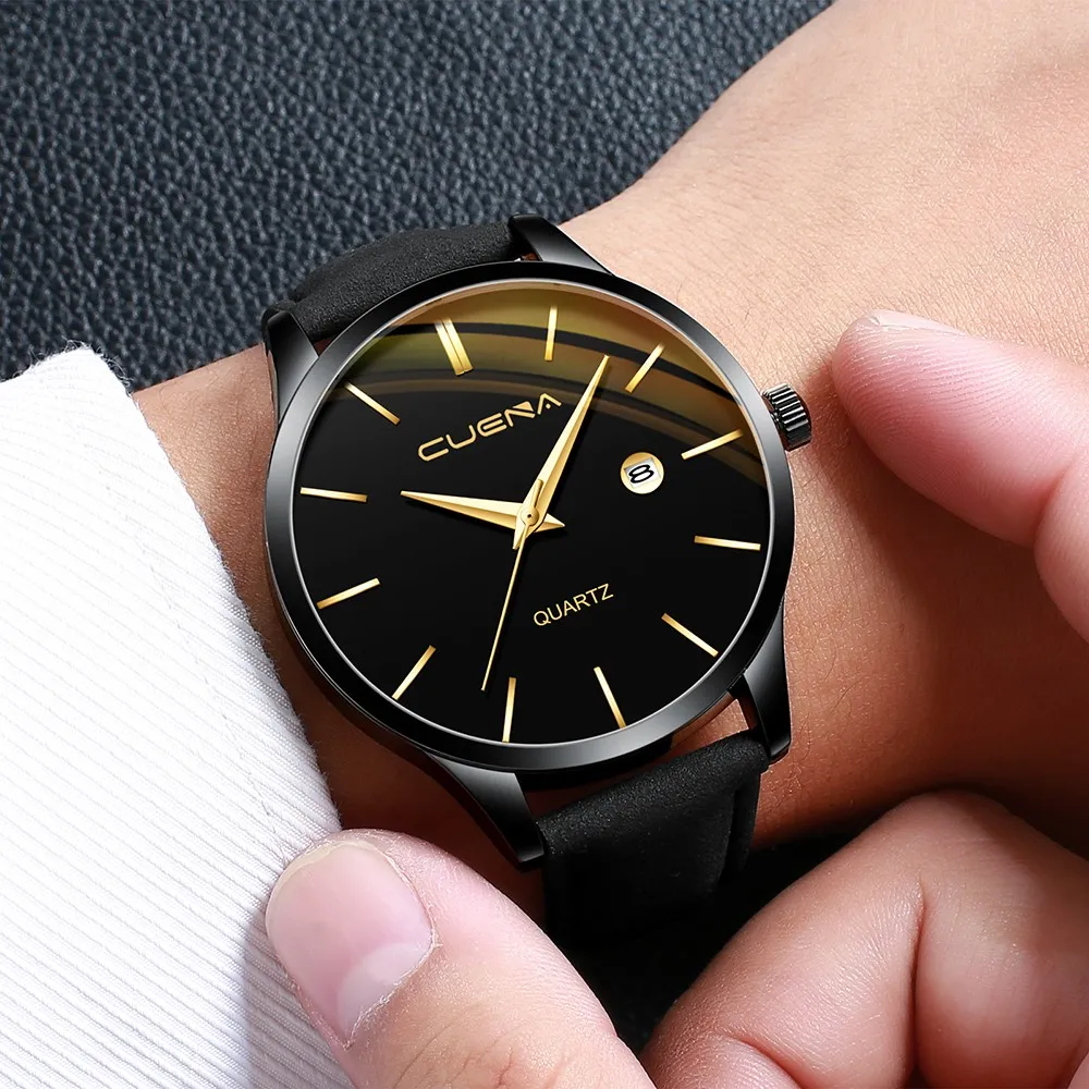 

CUENA Watches Men'S Business Leath Belt Watch Three Eyes Six-Piece Calendar Quartz Watch Top Luxury Brand Relogio Masculino