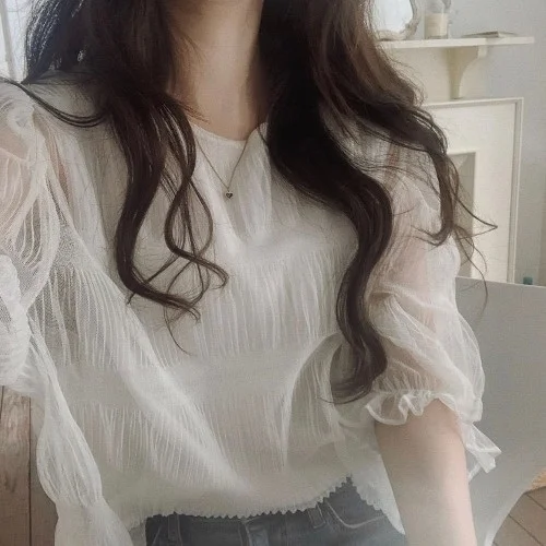 

Элегантная тонкая шифоновая блузка, женский летний прозрачный топ 2021, плиссированная прозрачная рубашка с пышными рукавами, повседневные т...